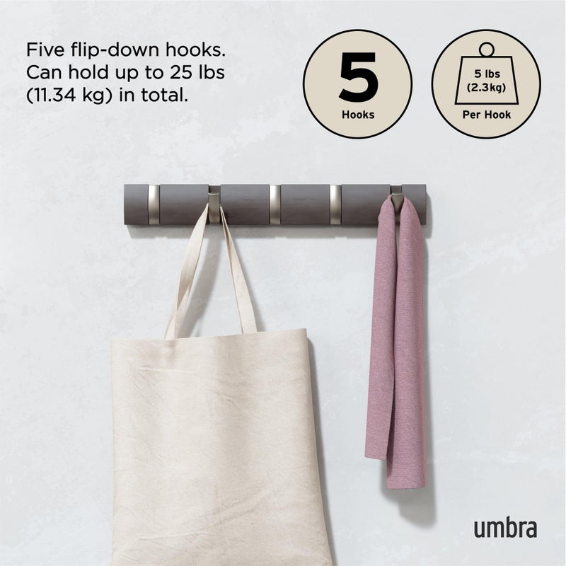 Umbra Flip Wall-Mounted Coat Rack with 5 Hooks â€“ Modern, Space-Saving Storage for Hats, Jackets, Bags, Entryway, Mudroom, Closet, Bathroom, Bedroom â€“ Driftwood/Nickel - Image 5